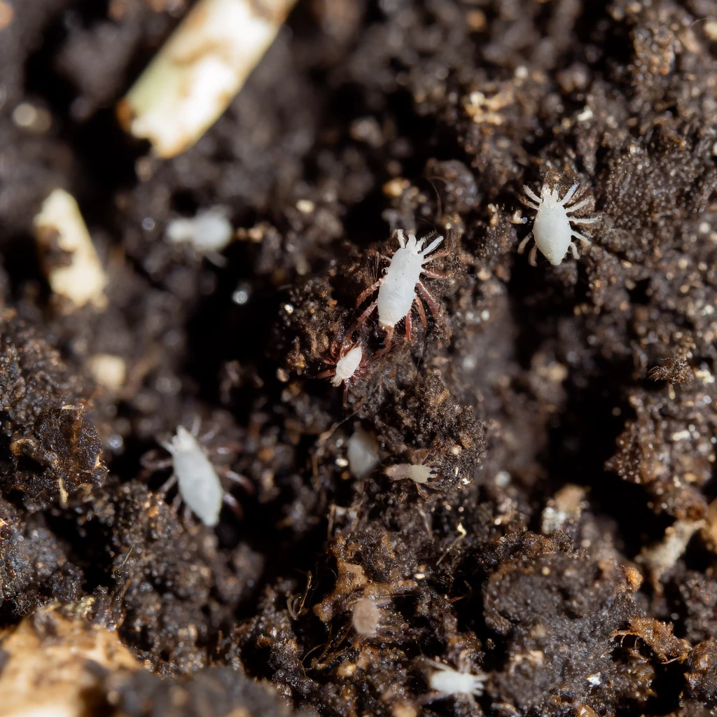 Gros plan sur des acariens du sol sur de la terre de jardin sombre avec des débris organiques.